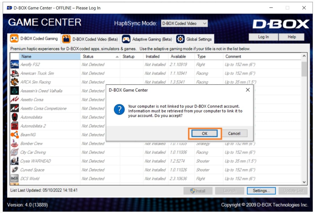 DBOX HaptiSync computer activation with the Game Center